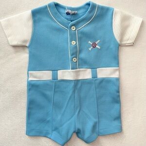 Vintage Doe-Spun Baseball Embroidered 12m Blue Baby Boys Romper Outfit one piece